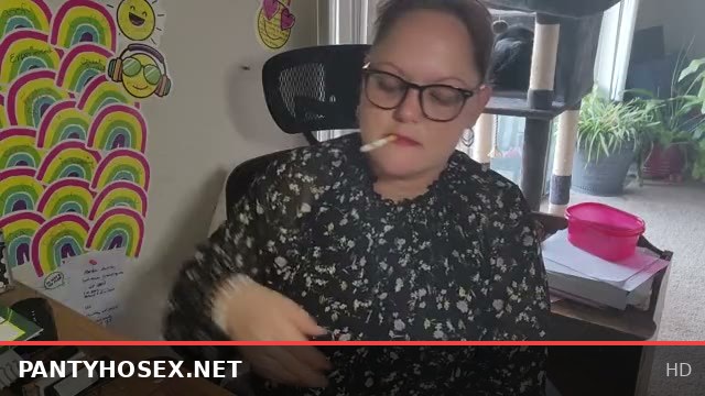 Busy Secretary Takes a Steamy Quick Smoke Break in Sexy Lingerie and Pantyhose