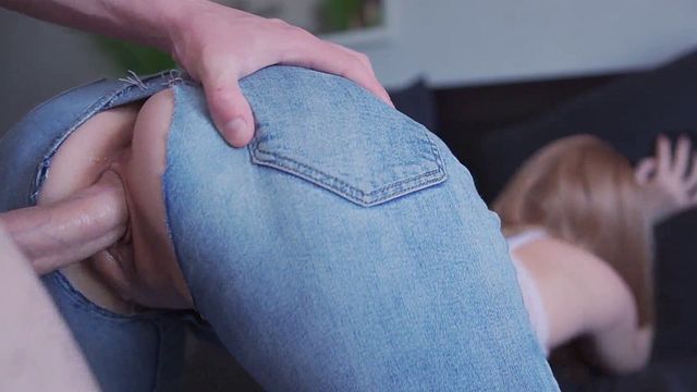 Rough Doggystyle with Stepsister in Ripped Jeans